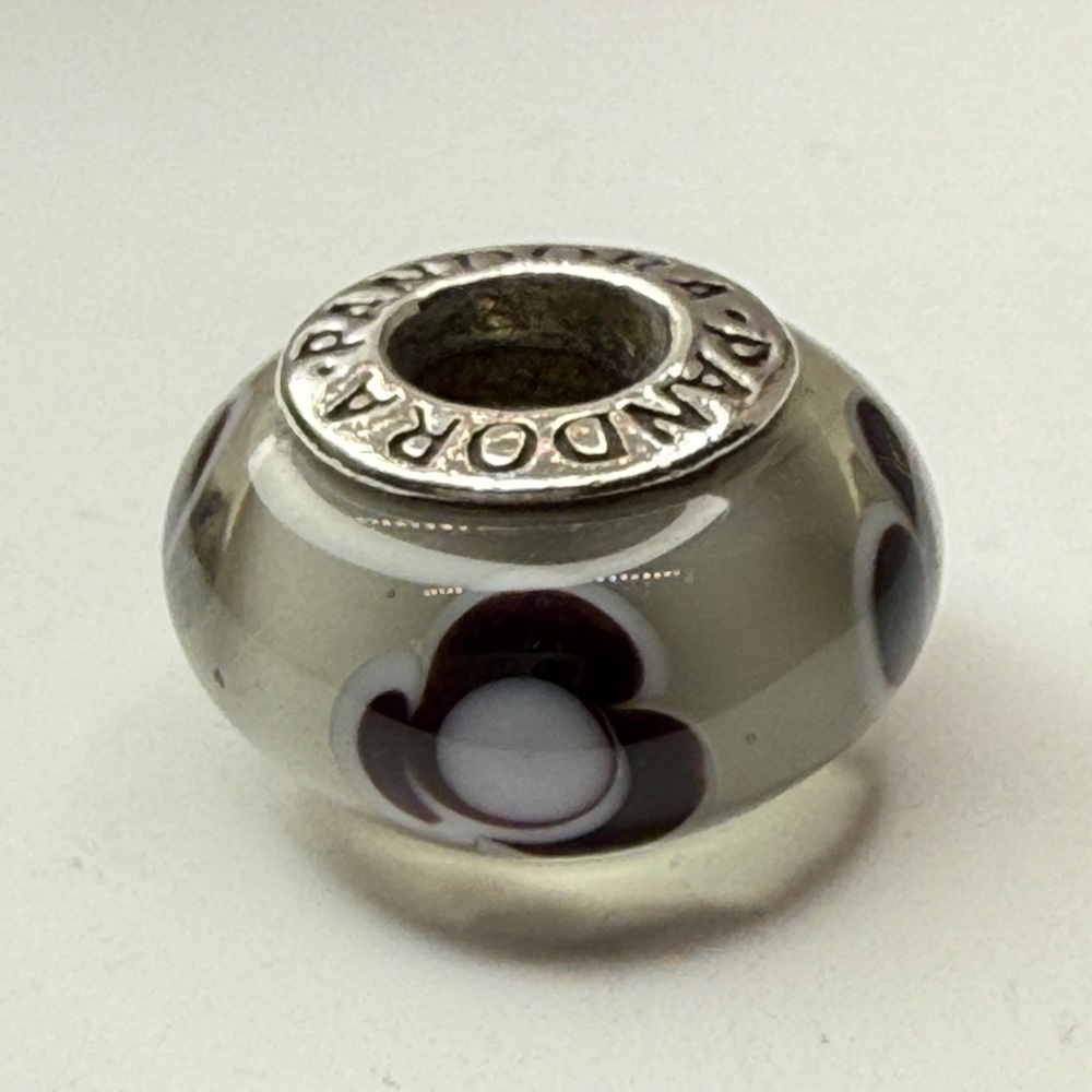 Pandora Grey Murano Glass Black White Flower Charm ALE 925 Threaded